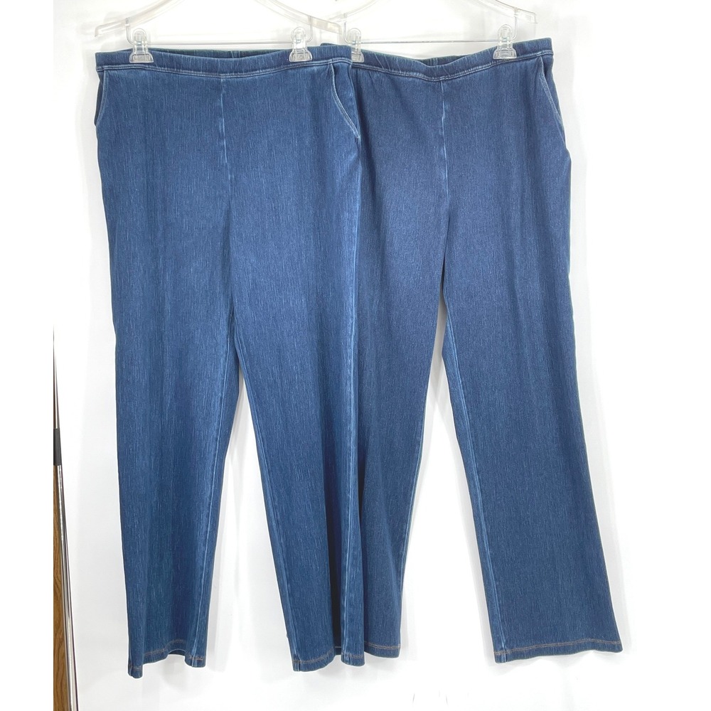 L.L.Bean Womens Pants Lot of 2 XL Tall Pull On Denim Blue Knit Cotton Spandex